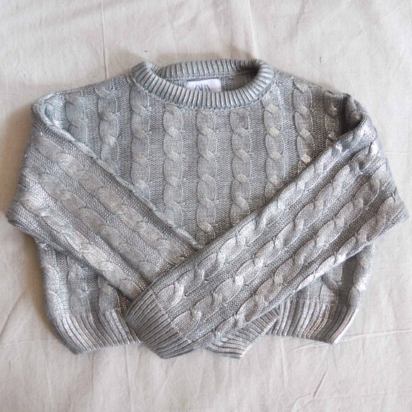 NWOT Zara Girls 13-14 Silver Cropped Cableknit Sweater - Picture 2 of 11